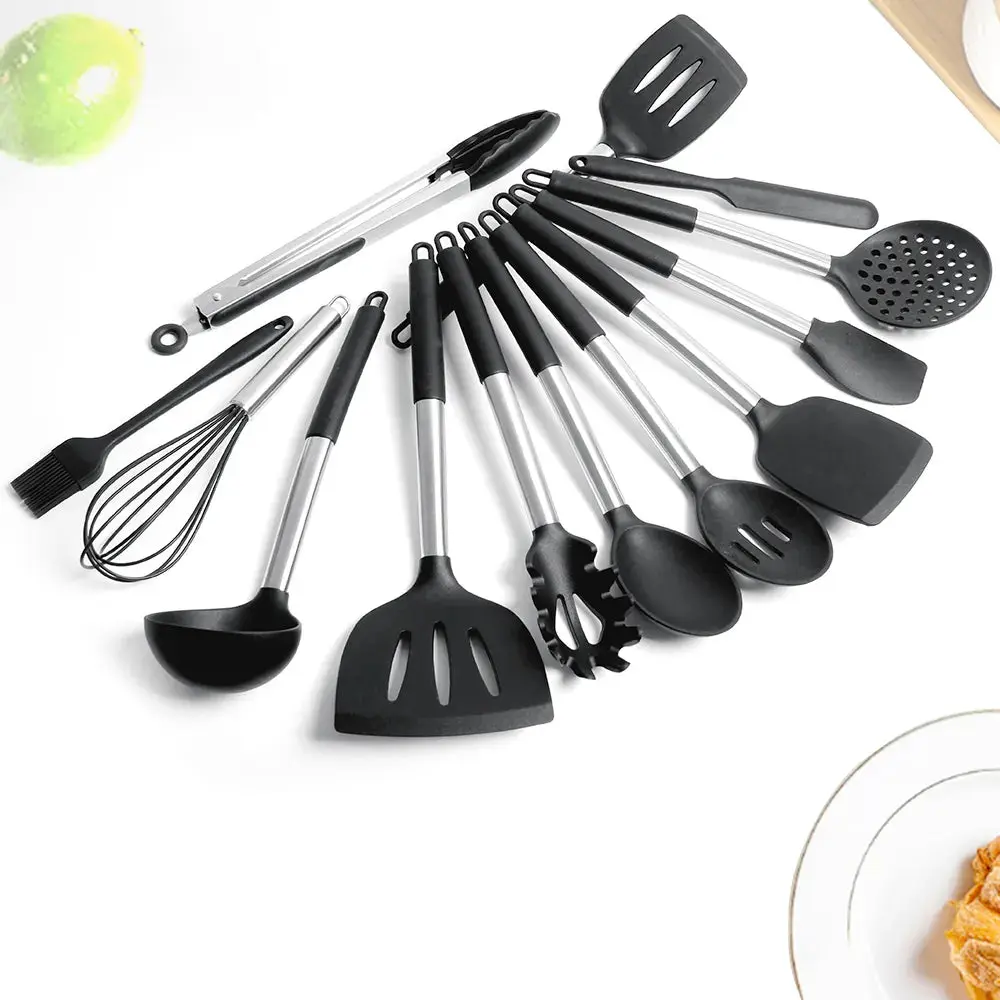 13-Piece Stainless Steel & Silicone Kitchen Utensil Set with Storage Bucket - Image 4