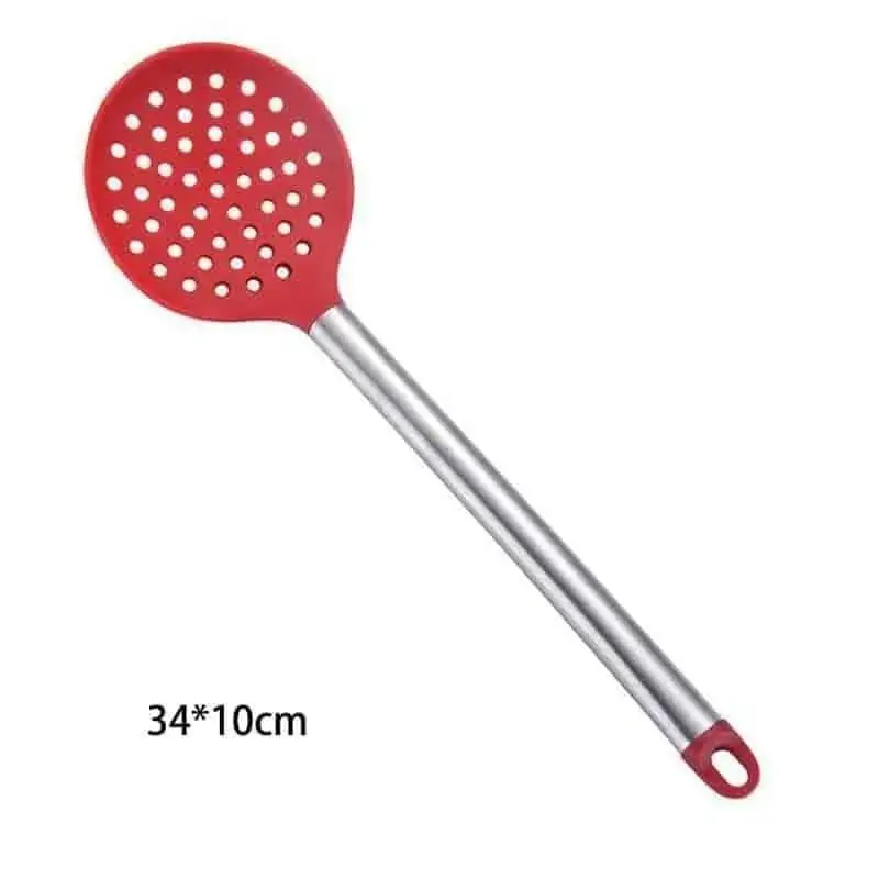 Red 9-Piece Stainless Steel & Silicone Kitchen Utensil Set with Storage Bucket - Image 10