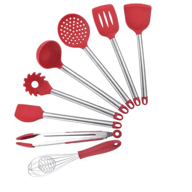 Red 9-Piece Stainless Steel & Silicone Kitchen Utensil Set with Storage Bucket - Image 12