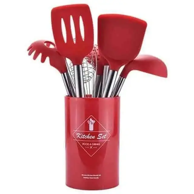 Red 9-Piece Stainless Steel & Silicone Kitchen Utensil Set with Storage Bucket - Image 3